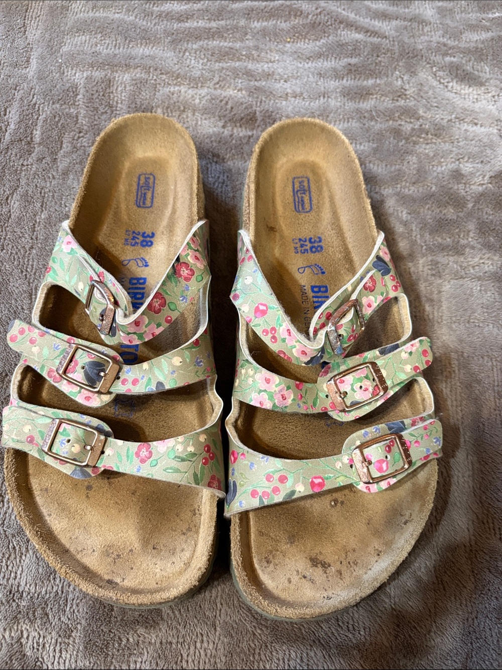Birkenstock Triple-Strap Sandals in tan with Pink Floral Print